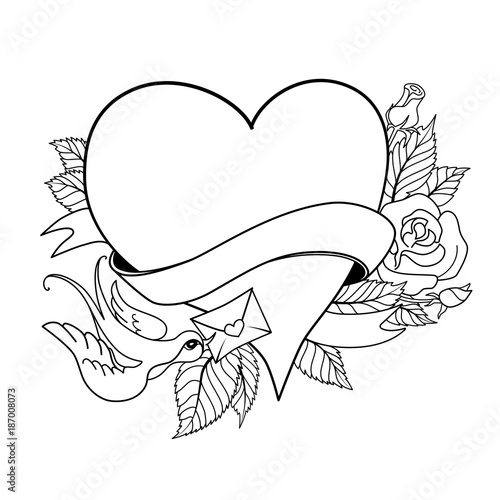 Vector Valentines Day greeting card with heart, made in classic old school tattoo style. Retro design. Black contour on white background, can be used for coloring book