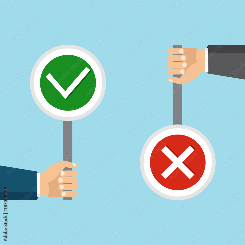 Vector illustration. The concept of choice, the right choice and a wrong decision.