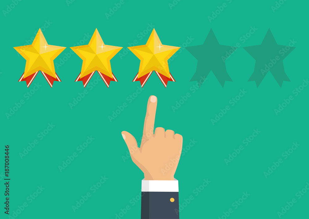 Rating golden stars. Feedback, reputation and quality concept. Hand pointing, finger pointing to five star rating. Customer review concept. Vector Rating golden stars. Feedback, reputation and quality concept. Hand pointing, finger pointing to five star rating. Customer review concept. Vector