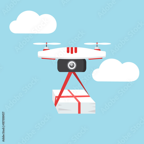 Dron delivers the parcel. The concept of fast, free delivery, gift. Vector illustration