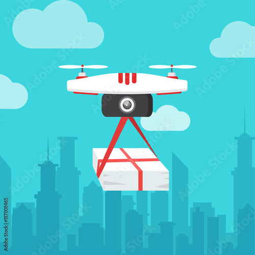Dron delivers the parcel. The concept of fast, free delivery, gift. Vector illustration