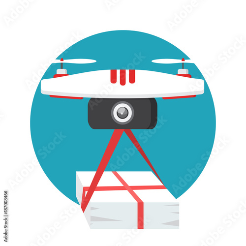 Dron delivers the parcel. The concept of fast, free delivery, gift. Vector illustration