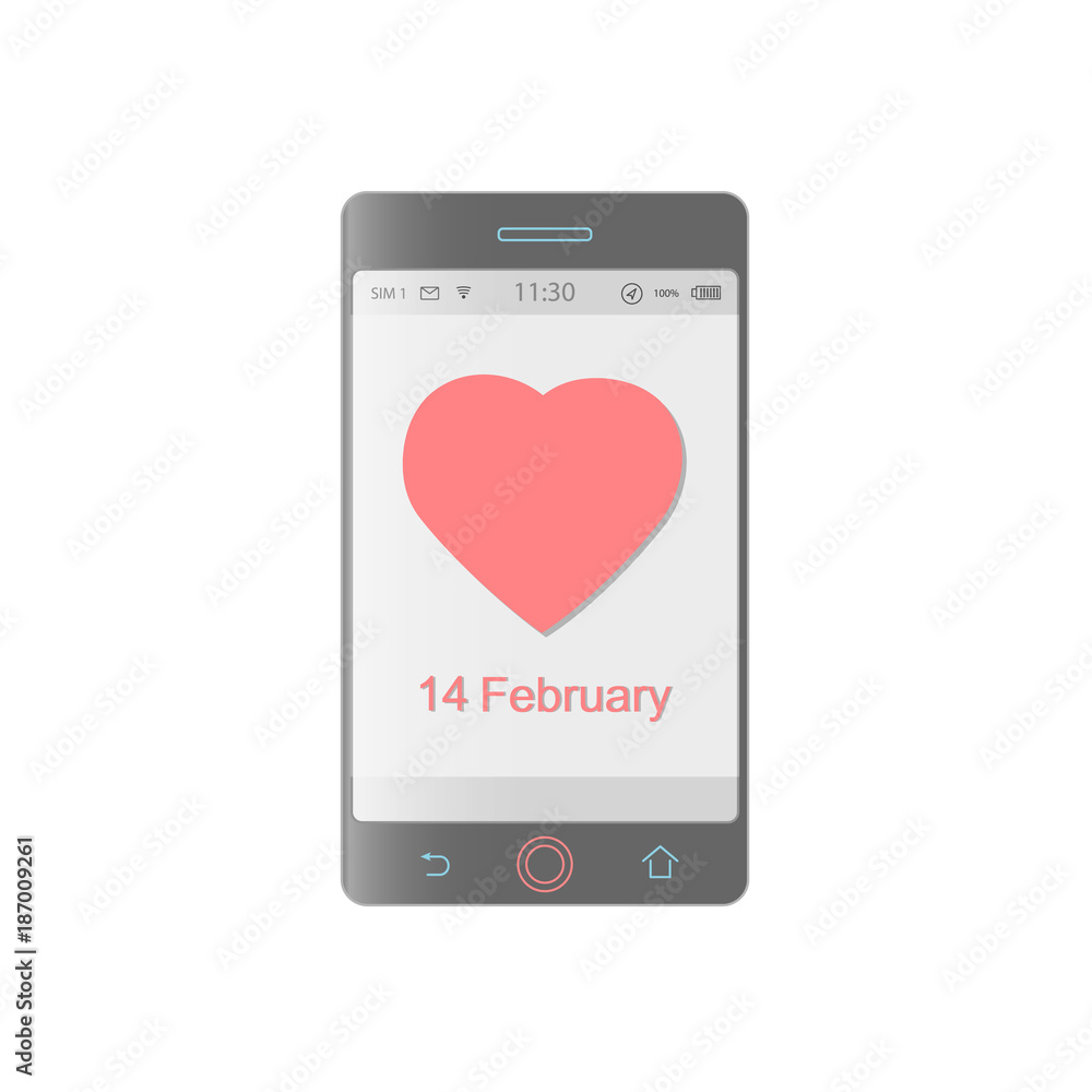 Phone with a red heart, February 14 on a screen, on a white background Phone with a red heart, February 14 on a screen, on a white background
