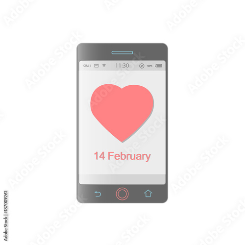 Phone with a red heart, February 14 on a screen, on a white background