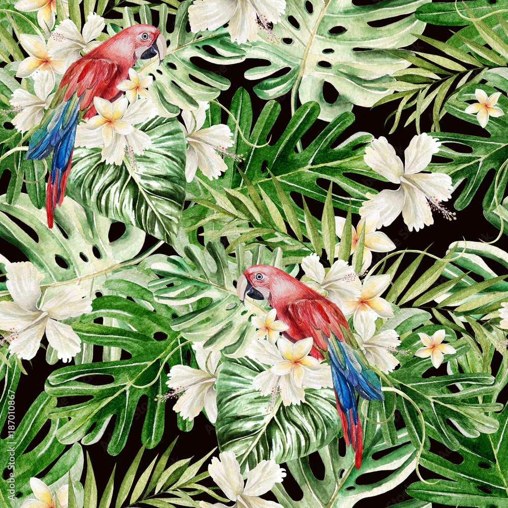 Fotografie Beautiful watercolor seamless, tropical jungle floral pattern background with palm leaves, flower hibiscus, parrot