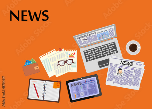 Online news. Newsletter and information. Business and market news. Financial report. Vector illustration.