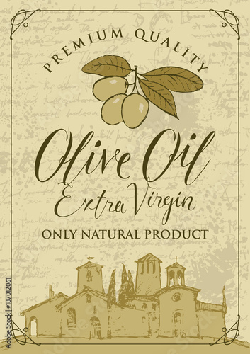 Vector banner or label for extra virgin olive oil with calligraphic inscription and olive sprig with green olives and with the image of the rural Italian landscape on a background of old manuscript.