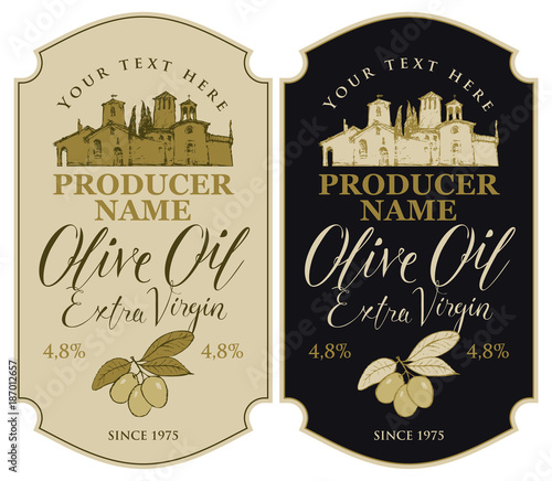 Set of vector labels for extra virgin olive oil with calligraphic inscription and with the image of the rural Italian landscape in retro style