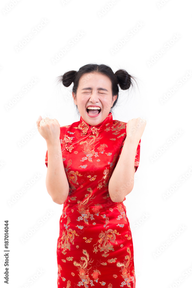 Young asian woman wearing chinese dress traditional cheongsam with  surprised excited happy screaming and smile. in Chinese New Year  Festivities, New Year Celebration on white background. Stock Photo | Adobe  Stock
