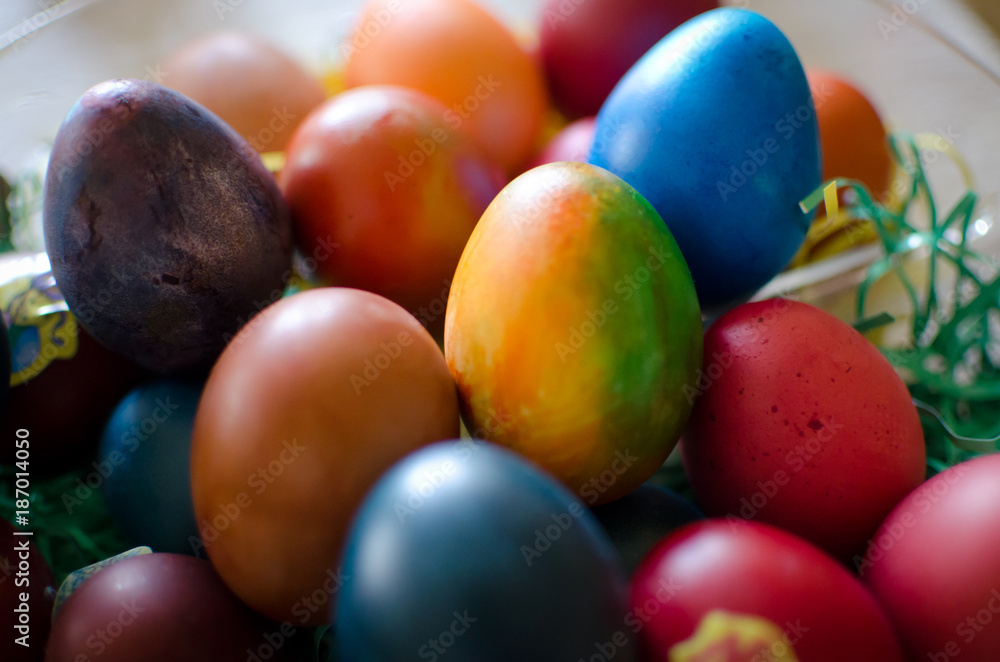 colorful Easter eggs in basket isolated, close up top view colorful Easter eggs in basket isolated, close up top view