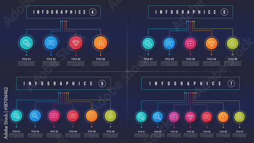 Vector 4 5 6 7 options infographic designs, structure charts, presentation templates.