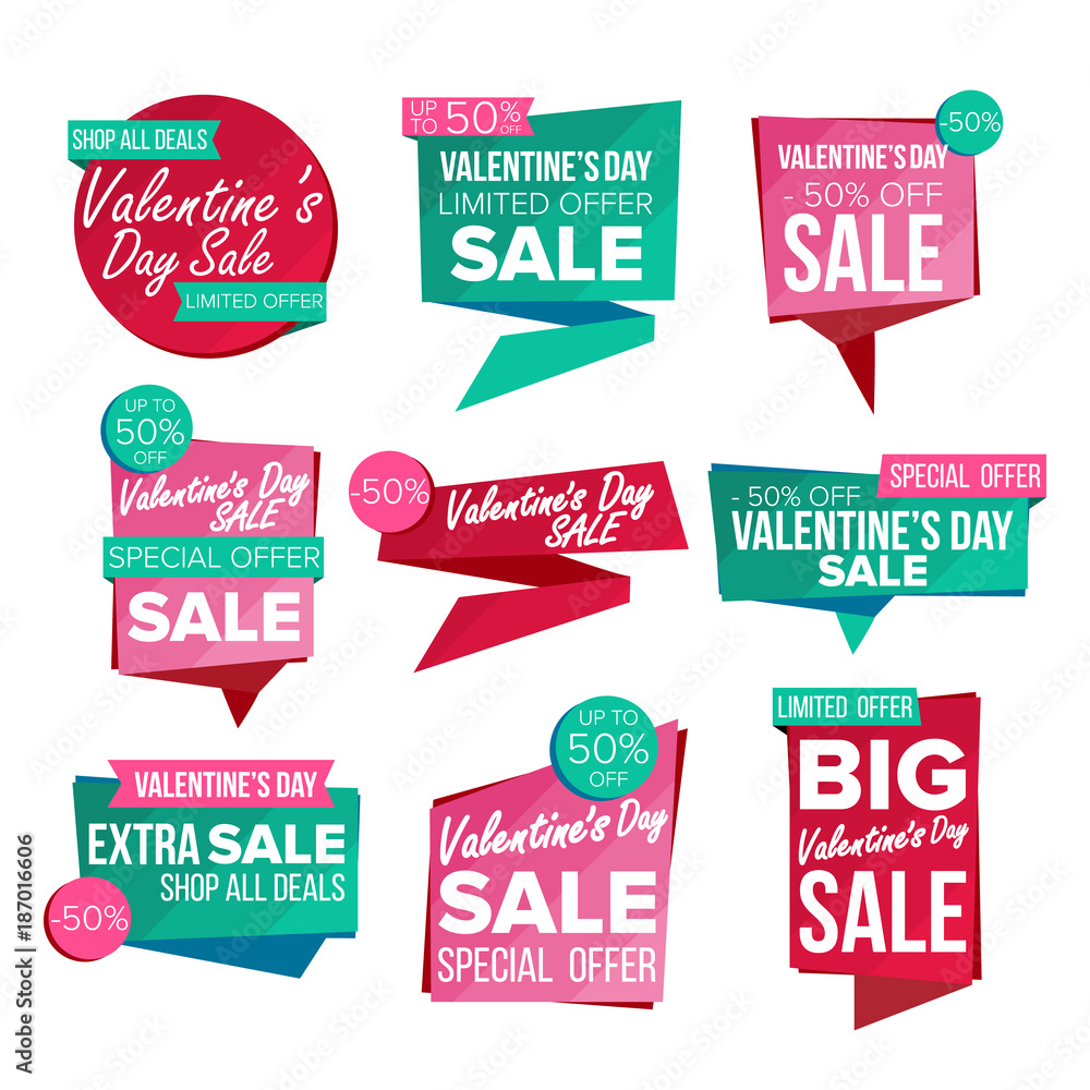 Valentine s Day Sale Banner Set Vector. February 14 Sale Voucher Banner. Website Stickers, Love Web Page Design. Up To 50 Percent Off Valentine Badges. Isolated Illustration