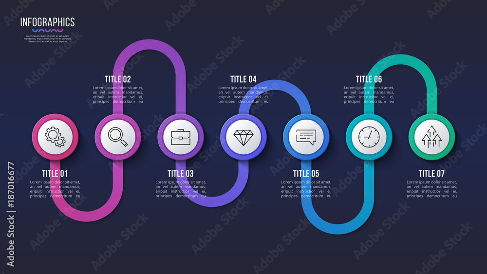 Vector 7 steps infographic design, timeline chart, presentation template. Vector 7 steps infographic design, timeline chart, presentation template.