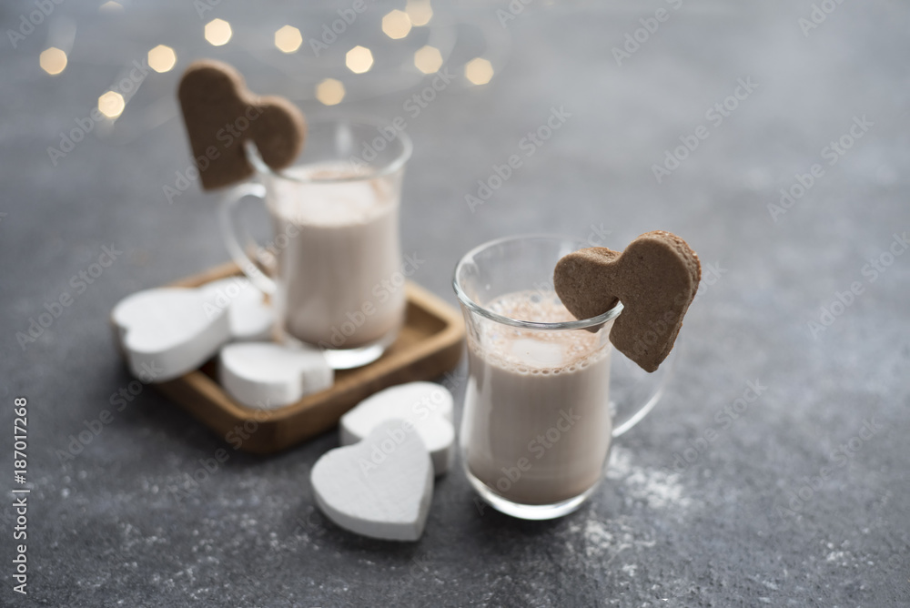 cups with cocoa and cookies-hearts. Valentine's Day cups with cocoa and cookies-hearts. Valentine's Day
