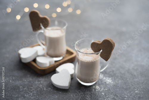 cups with cocoa and cookies-hearts. Valentine's Day