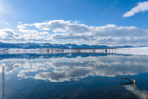Blue Mountain Lake - Mountain lake after a spring snow storm. Chatfield Reservoir, Denver-Littleton, Colorado, USA.