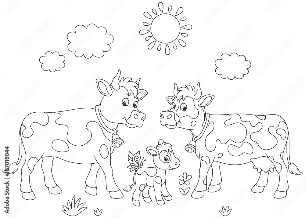 A spotted cow, a bull and a small calf, a black and white vector illustration in cartoon style for a coloring book