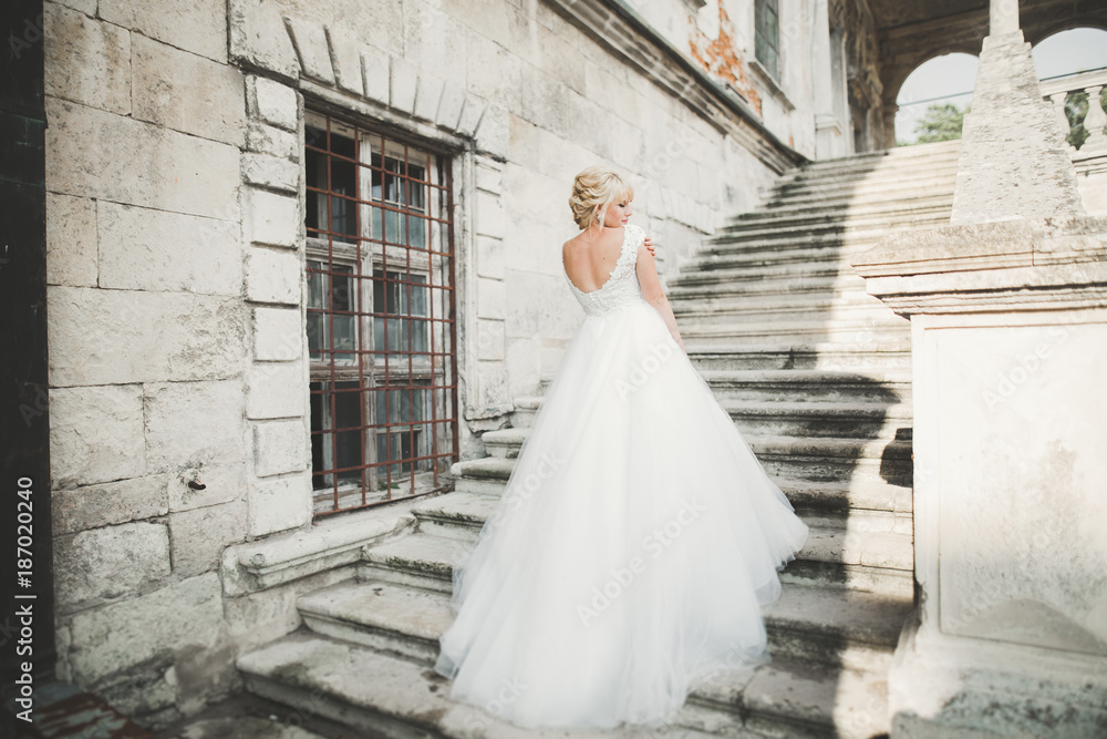 Obraz premium Beautiful elegant bride with perfect wedding dress and bouquet posing near old castle