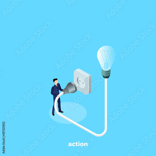 a man in a business suit turns on a light bulb, an isometric image