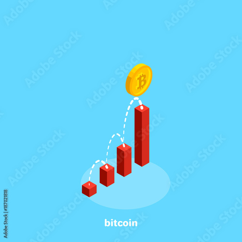 The coin bitcoin moves along an increasing trajectory along a diagram, an isometric image