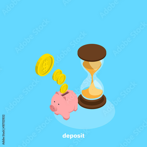 coins falling into a piggy bank and an hourglass, an isometric image