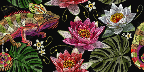 Embroidery chameleon and water lilies seamless pattern. Classical embroidery color chameleon, white and pink lilies pattern. Tropical template for clothes, textiles, t-shirt design © Matrioshka