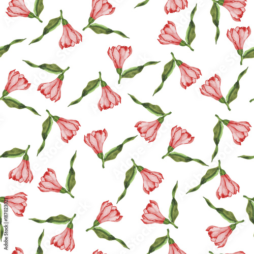 Seamless pattern with red flowers and green leaves isolated on white background. Hand drawn watercolor illustration.