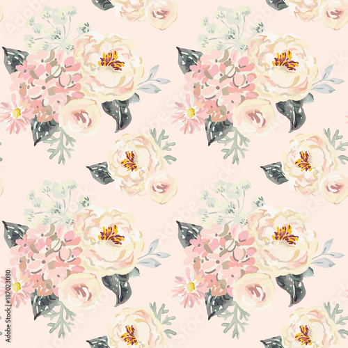Fototapeta Naklejka Na Ścianę i Meble -  Pale pink peonies and hydrangea with gray leaves on the blush background. Watercolor vector seamless pattern. Romantic garden flowers illustration. Delicate colors.