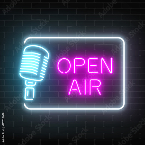 Neon open air signboard with microphone in restangle. Nightclub with live speaking concert icon.