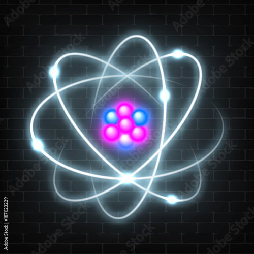 Shining neon planetary model of nuclear atom. Abstract molecule glowing design.