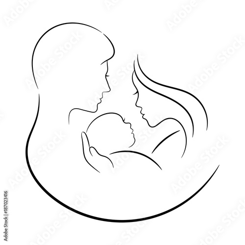 Contour drawing, family: mother, father and newborn baby