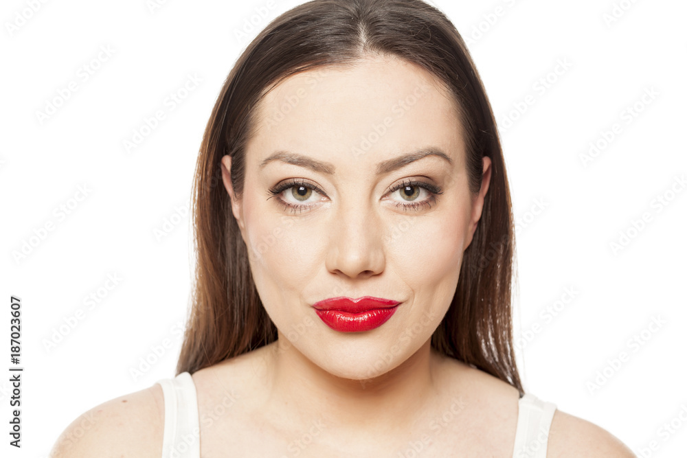 portrait of beautiful woman with makeup on white background portrait of beautiful woman with makeup on white background