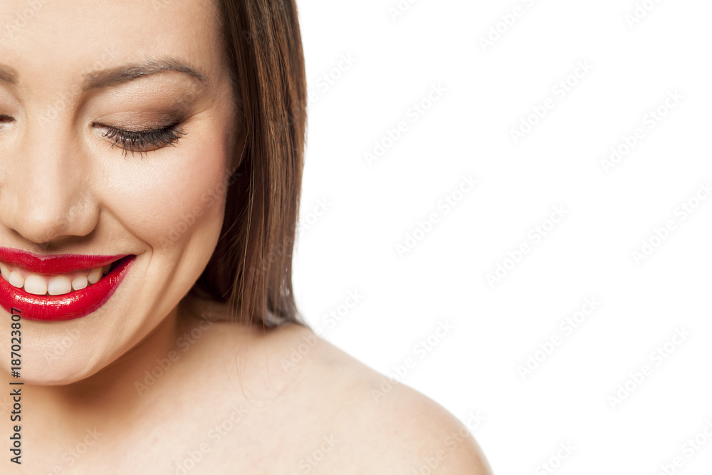 half portrait of beautiful smiling woman with makeup on white background half portrait of beautiful smiling woman with makeup on white background