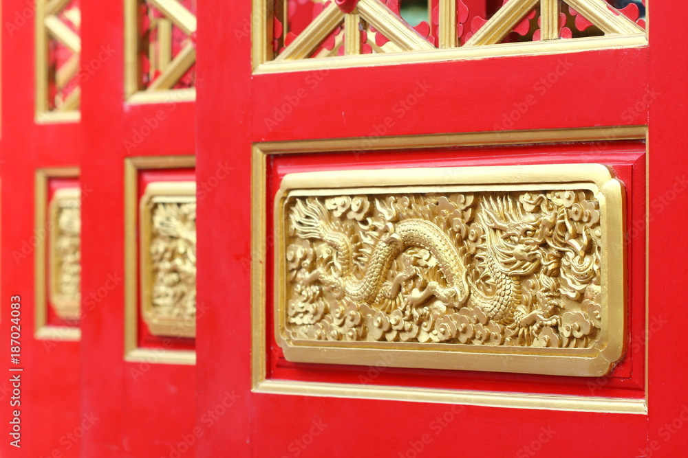 red chinese door have carve dragon golden color in temple Stock Photo ...
