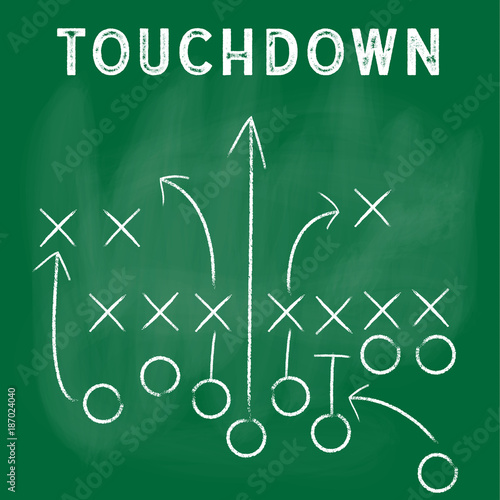 Vector Football Play with green background. Football America. NFL American football formation tacticson. American football field tactics. Touchdown.