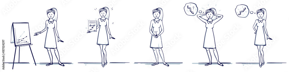 Set of business woman cartoon illustration. Stands scenes: near the stand, shows on the chart, holds a sprout in her hands, received a reward or a certificate. Hand drawn doodle vector illustration. Set of business woman cartoon illustration. Stands scenes: near the stand, shows on the chart, holds a sprout in her hands, received a reward or a certificate. Hand drawn doodle vector illustration.