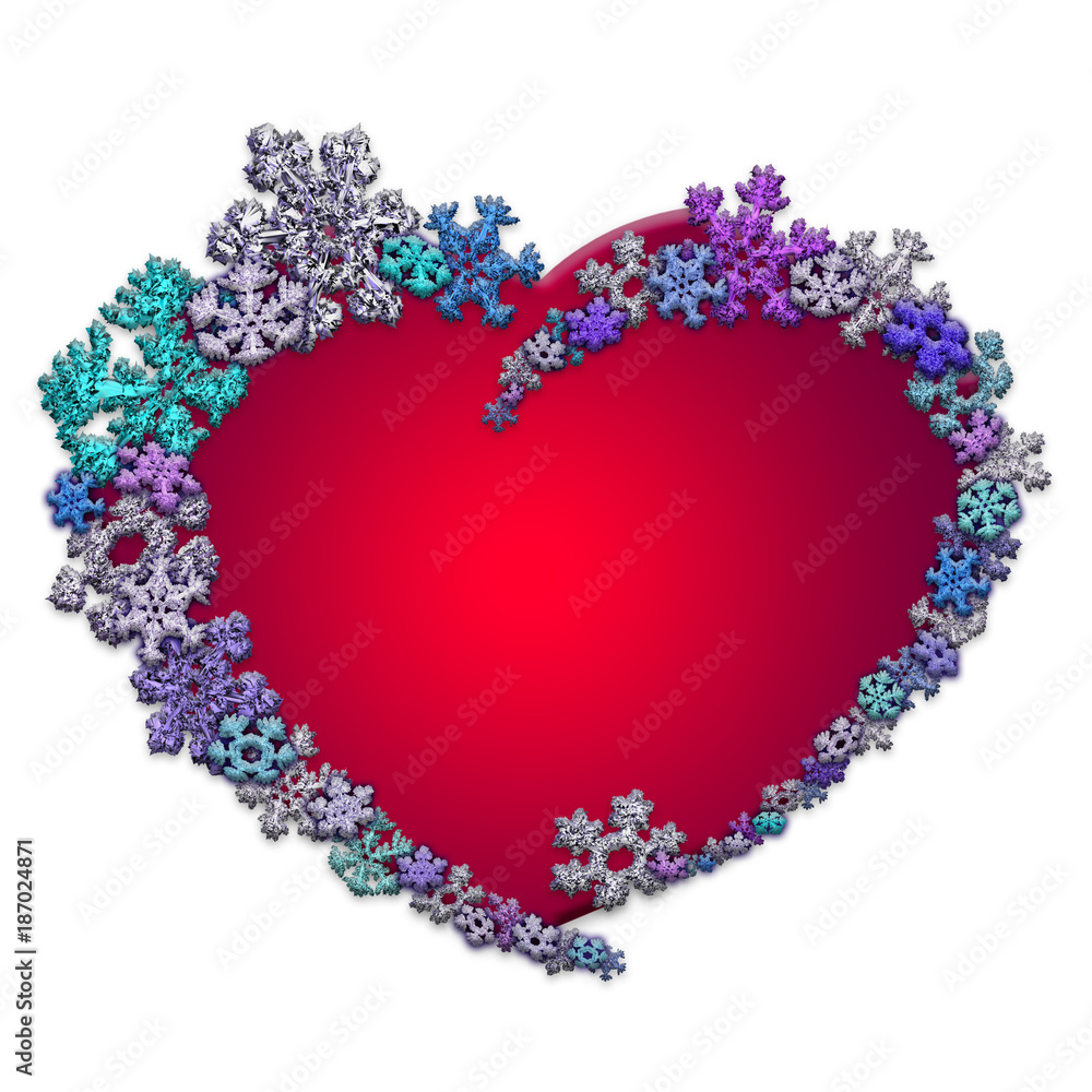 Beautiful red heart made with snowflakes.