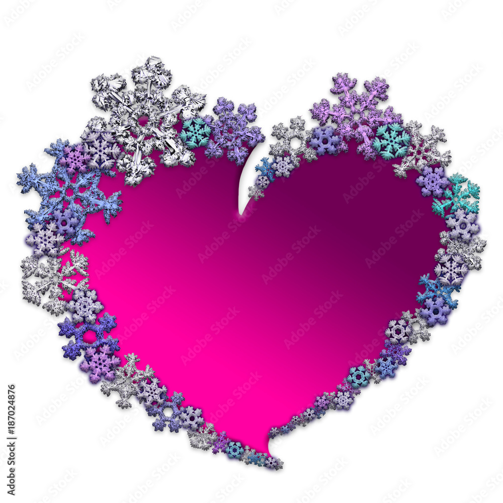 Beautiful pink heart made with snowflakes.