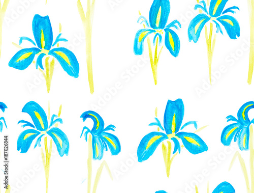 Hand painted with watercolor brush seamless pattern with blue and yellow iris illustration isolated on white background