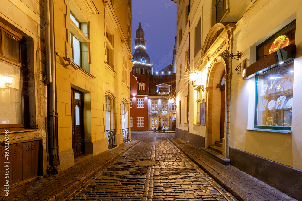 Riga. Old street at night.