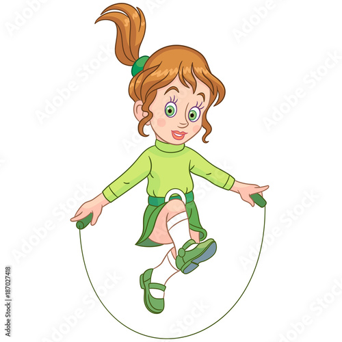 Kids Leisure Activities. Cartoon girl jumping with skipping rope. Design for children's coloring book.