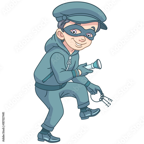 Kids in Professions. Cartoon criminal (thief) with house or bank keys and flashlight is running on tiptoe. Design for children's coloring book.