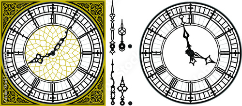 Vector antique old clock with square golden ornament roman baroque style dial numerals and clock hands. Set of antique clock hands. Vector set of tower Big Ben clock gothic style Vintage vector watch
