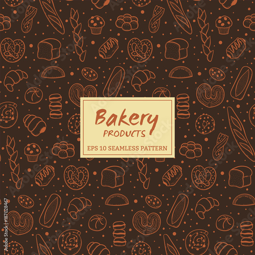 Hand drawn seamless pattern of bread and bakery products. Baked goods background. Vector illustration.