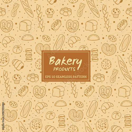 Stampa su tela Hand drawn seamless pattern of bread and bakery products