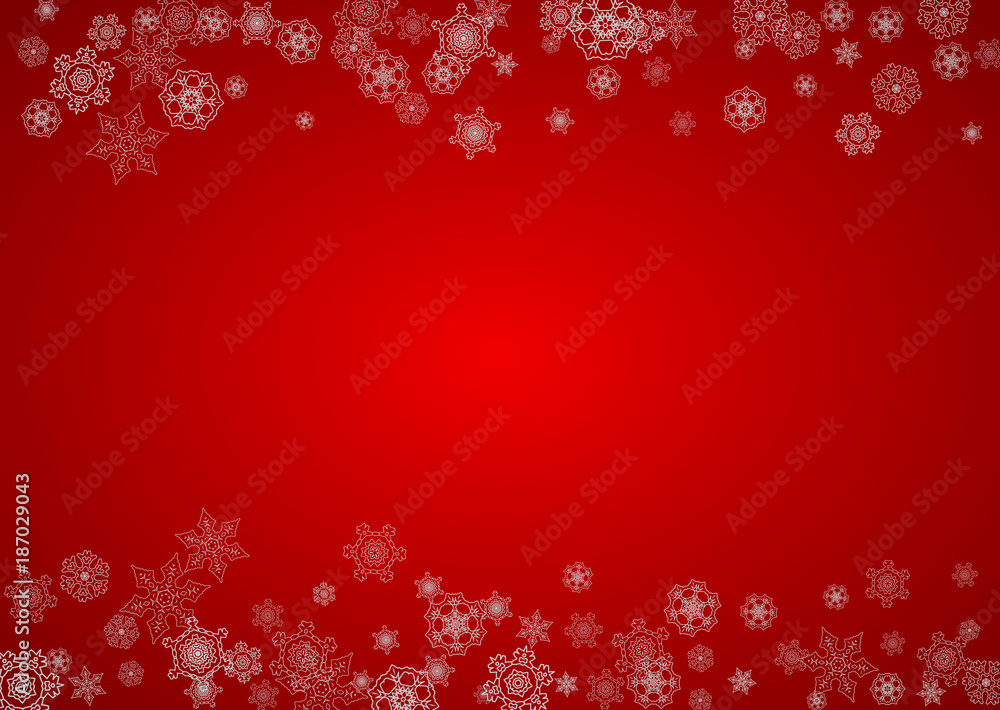 Christmas background with silver snowflakes and sparkles. Horizontal New Year and Christmas background for party invitation, banner, gift cards, retail offers. Falling snow. Frosty winter backdrop.