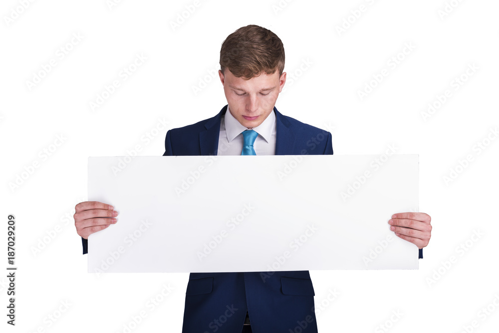 Businessman in blue siut holding blank banner board, isolated over white background, half body view. Businessman in blue siut holding blank banner board, isolated over white background, half body view.