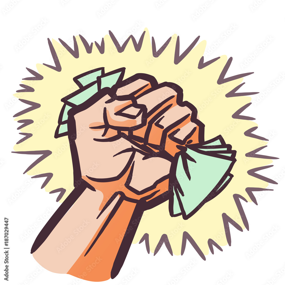 Powerful graphic hand crushing paper money surrounded by a halo of