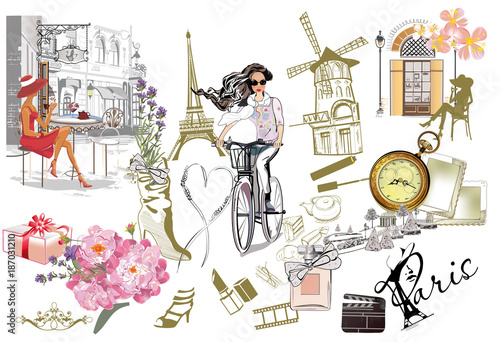 Set of Paris illustrations with fashion girls, cafes and musicians. Vector illustration.