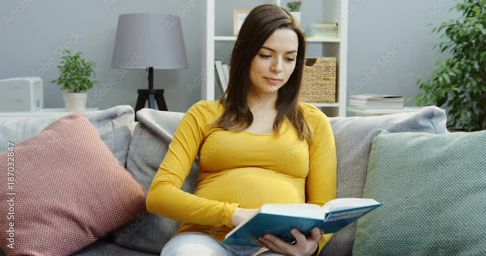 Charming pregnant woman resting on the sofa among pillows, stroking her belly and reading a book in the living room. Portrait shot. Inside